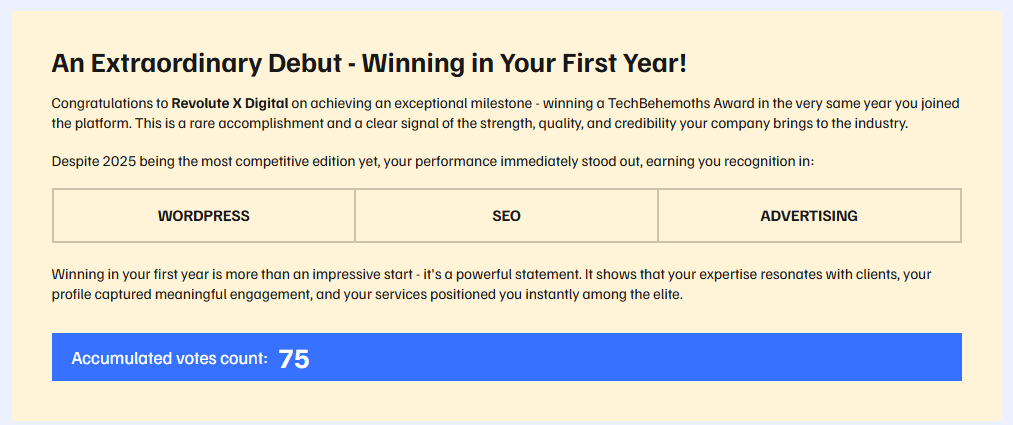 TechBehemoths Awards 2025 winner Revolute X Digital Agency badges for SEO, PPC, and WordPress