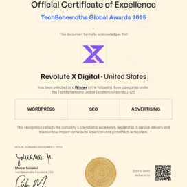 TechBehemoths Awards 2025 winner Revolute X Digital Agency badges for SEO, PPC, and WordPress