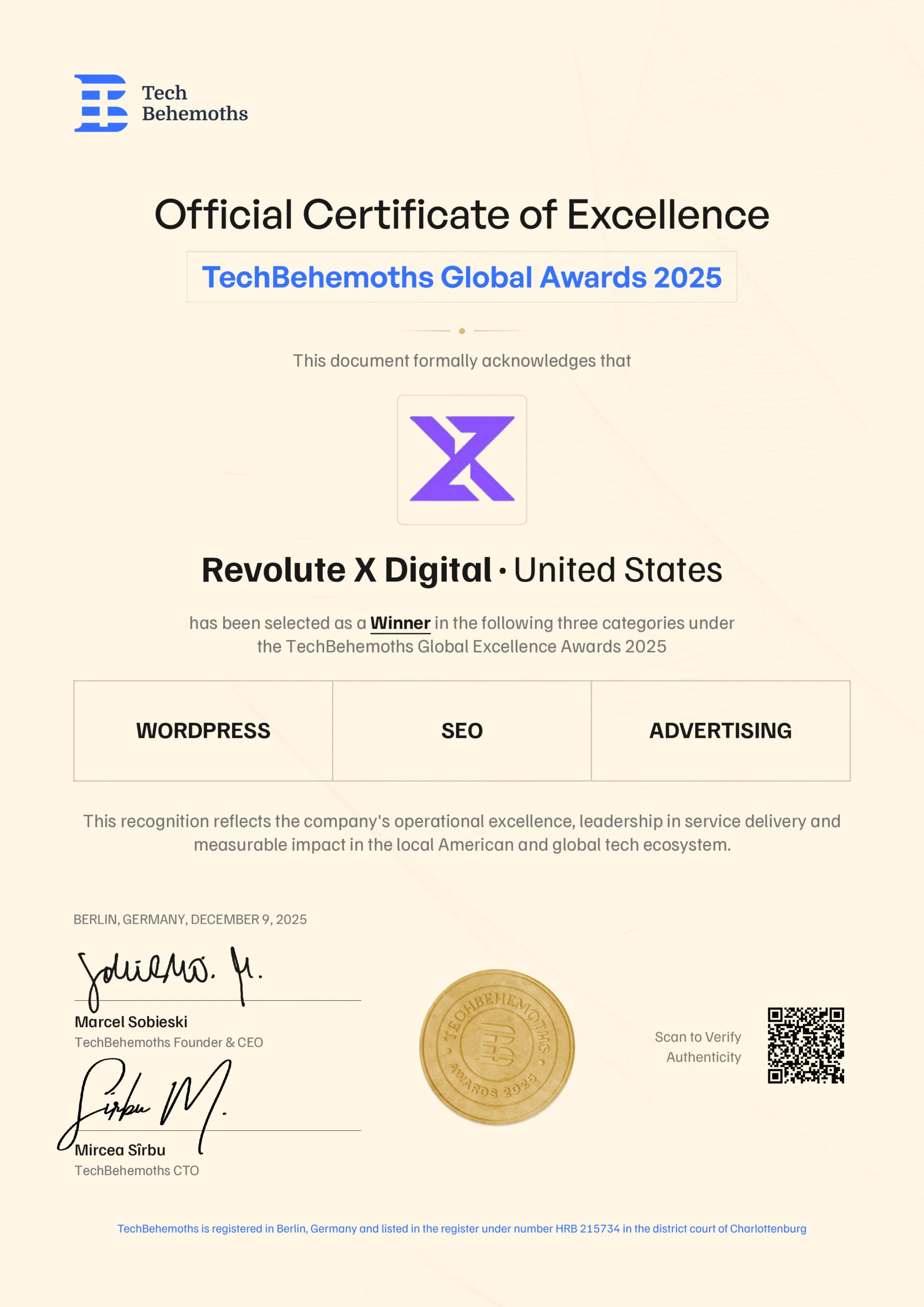 TechBehemoths Awards 2025 winner Revolute X Digital Agency badges for SEO, PPC, and WordPress