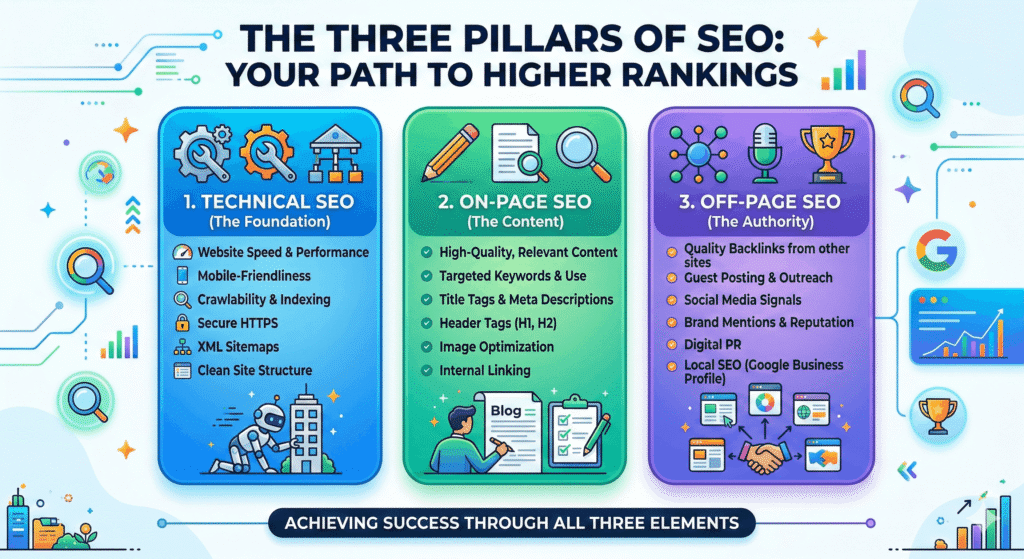 What are the three pillars of SEO?